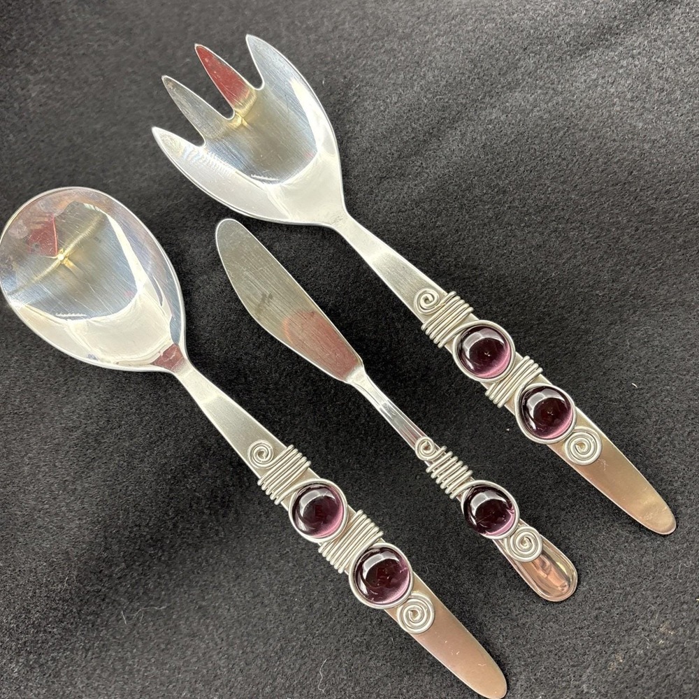 Handcrafted SS Salad Set And Butter Knife‎ South Africa Purple Cabochon Stones